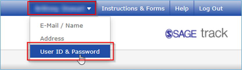 Screenshot of the dropdown menu at the top of SAGE Track with the mouse hovering over the words 'User ID & Password'.
